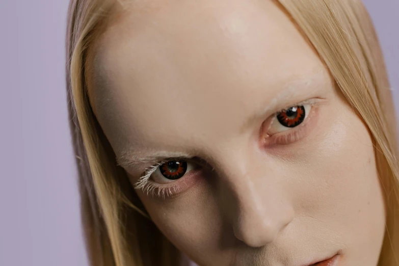 a close up of a woman with red eyes, inspired by Vanessa Beecroft, trending on pexels, ball jointed doll, chris cunningham, sil from species, rick owens