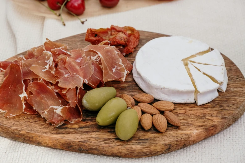 a close up of a plate of food on a table, cheese and salami on the table, profile image, listing image, full product shot