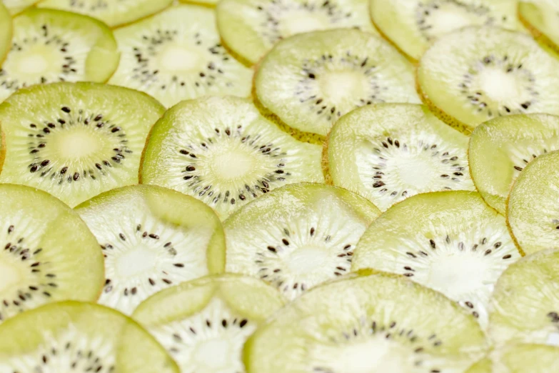 a close up of sliced kiwi slices, by Julia Pishtar, pexels, hurufiyya, jelly - like texture. photograph, white, made of flowers and fruit, 2000s photo
