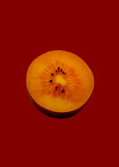 a half of a kiwi fruit on a red background, by Alison Geissler, colors orange, 2000s, potato, color photography