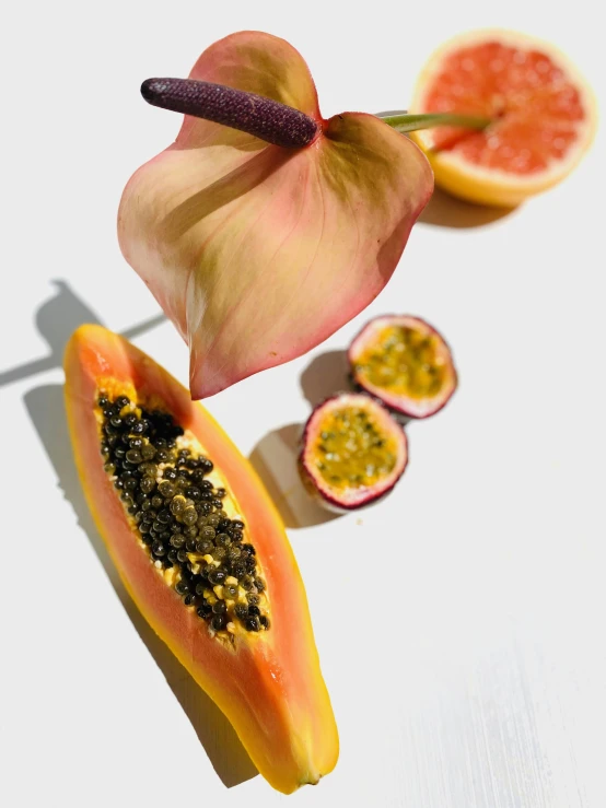 a cut up fruit sitting on top of a white table, a still life, by Gavin Hamilton, trending on pexels, hurufiyya, tropical flower plants, seeds, detailed product image, black and yellow and red scheme