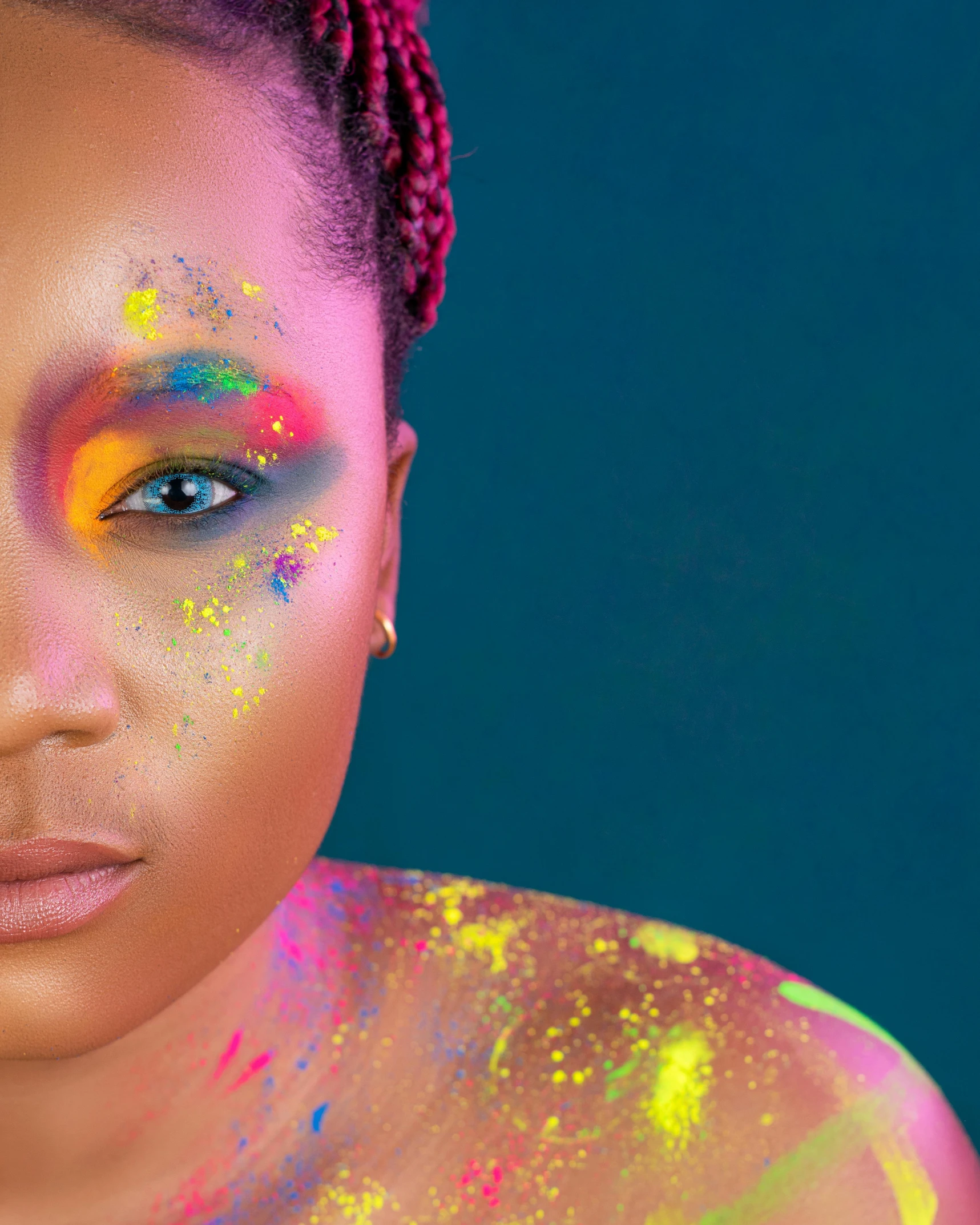 a woman with bright paint on her face, an album cover, by Cosmo Alexander, trending on pexels, lgbtq, immaculate complexion, splotches, vibrant: 0.75