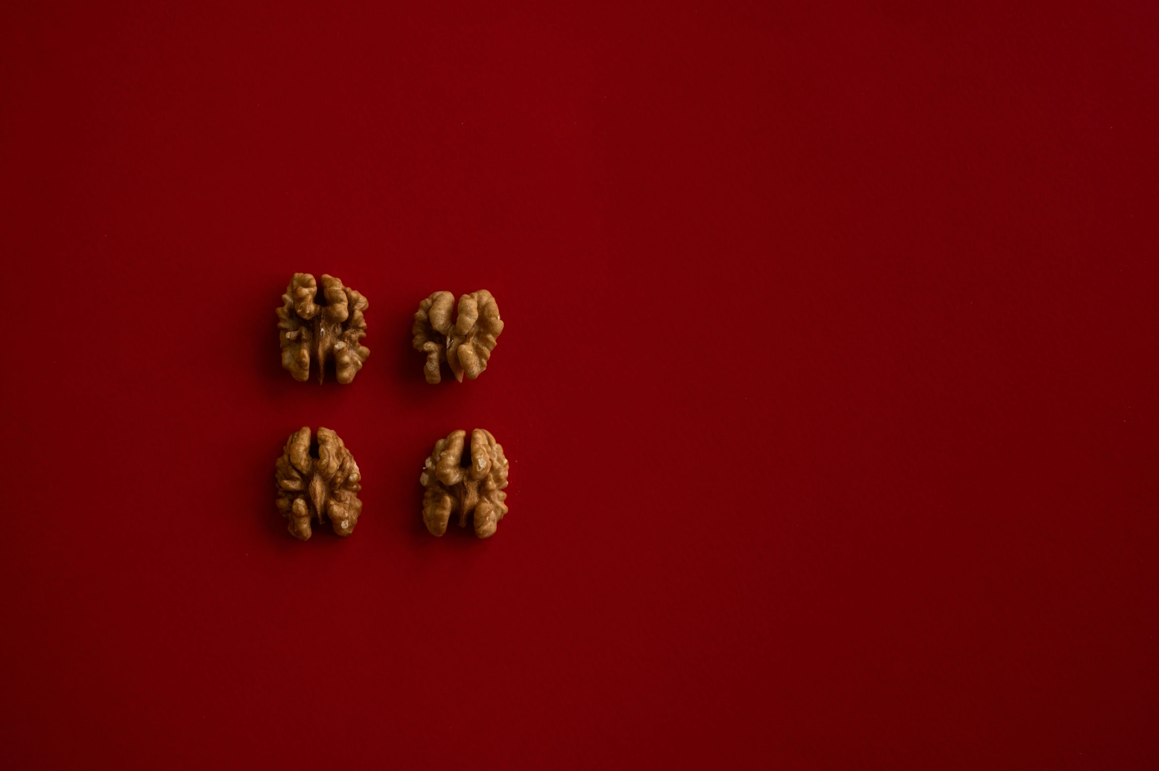 a group of walnuts sitting on top of a red surface, trending on pexels, hyperrealism, featuring brains, four legs, minimalist wallpaper, knolling