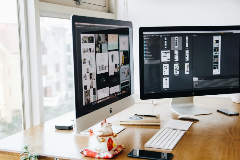 two computer monitors sitting on top of a wooden desk, trending on pexels, user interface design, 9 9 designs, intricate image, creative coder with a computer