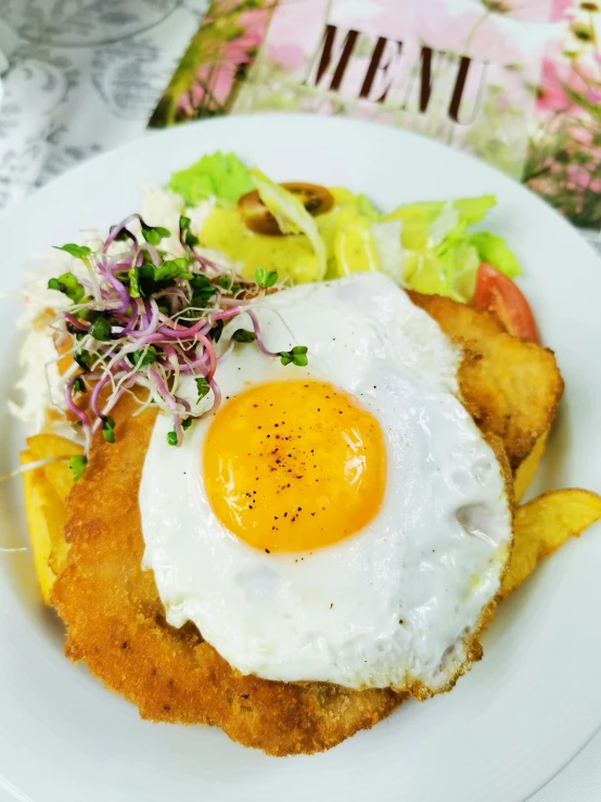 a close up of a plate of food on a table, inspired by Pia Fries, instagram, romanticism, an egg, けもの, no cropping, battered