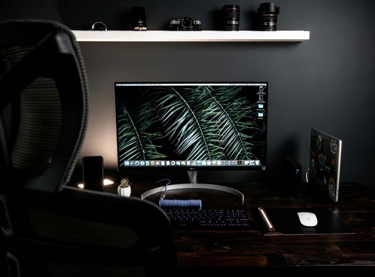 a computer monitor sitting on top of a wooden desk, dark mode, biophilia mood, home office interior, pc screen image