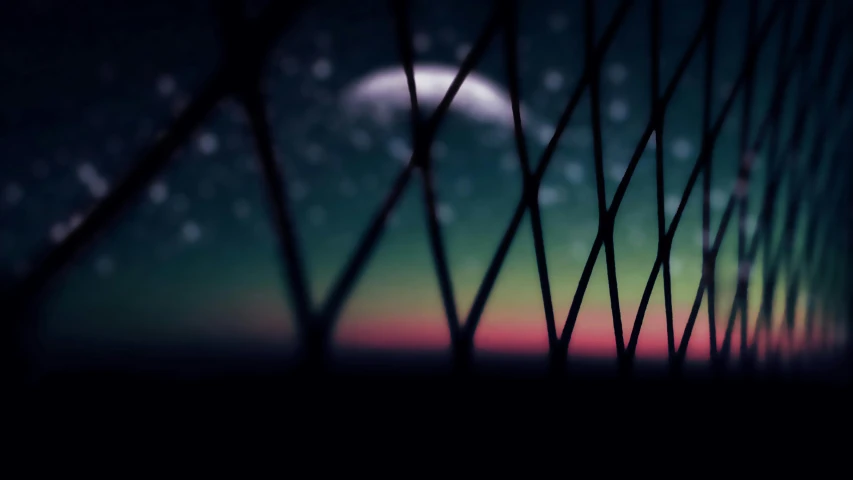 a view of the moon through a wire fence, inspired by Elsa Bleda, pexels contest winner, space art, fading rainbow light, tennis racket, night sky; 8k, faded glow