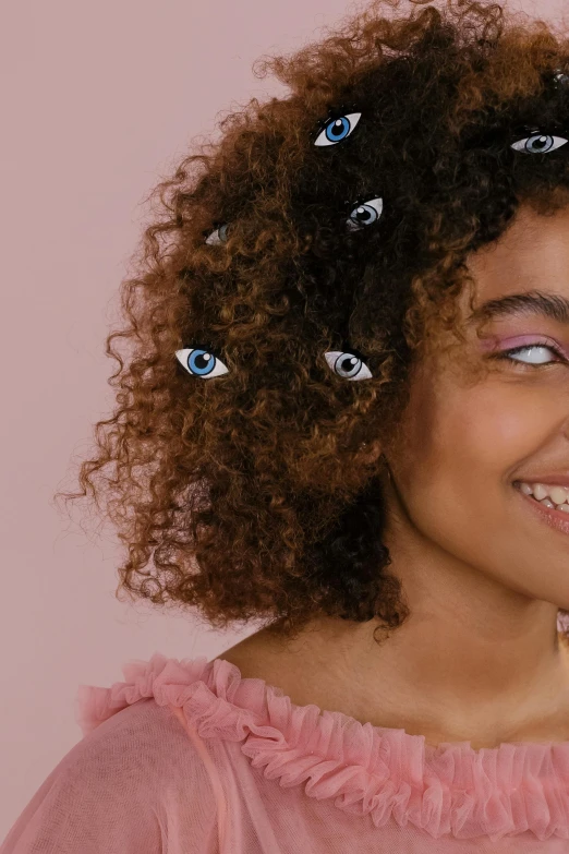 a close up of a person with curly hair, pink eyes, modelling, hair loopies, happy eyes