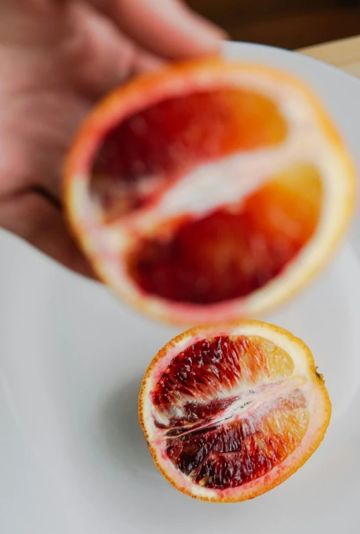 a blood orange cut in half on a white plate, trending on pexels, intense albino, pictured from the shoulders up, vine, some red and purple and yellow