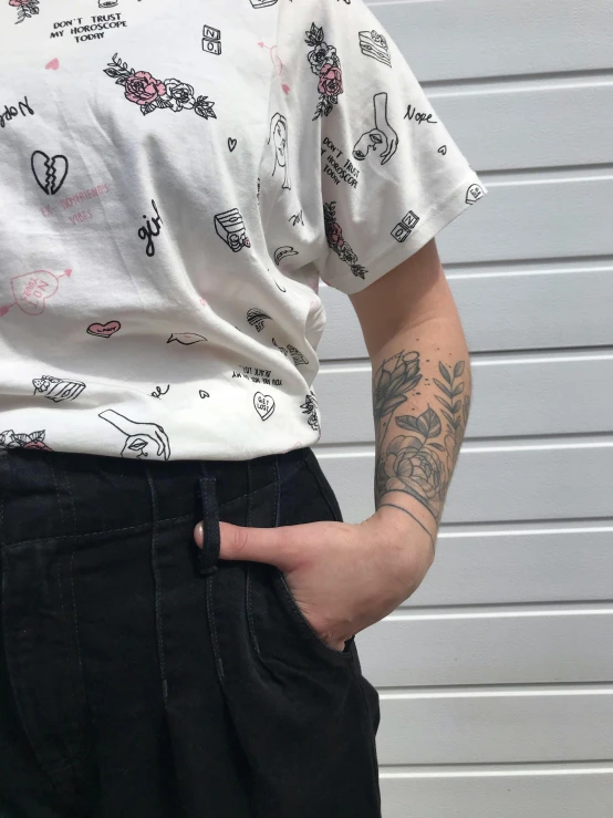 a woman standing with her hands in her pockets, a tattoo, by Ellen Gallagher, featured on reddit, 9 0 s vibe, graphic detail, non binary model, cute pockets