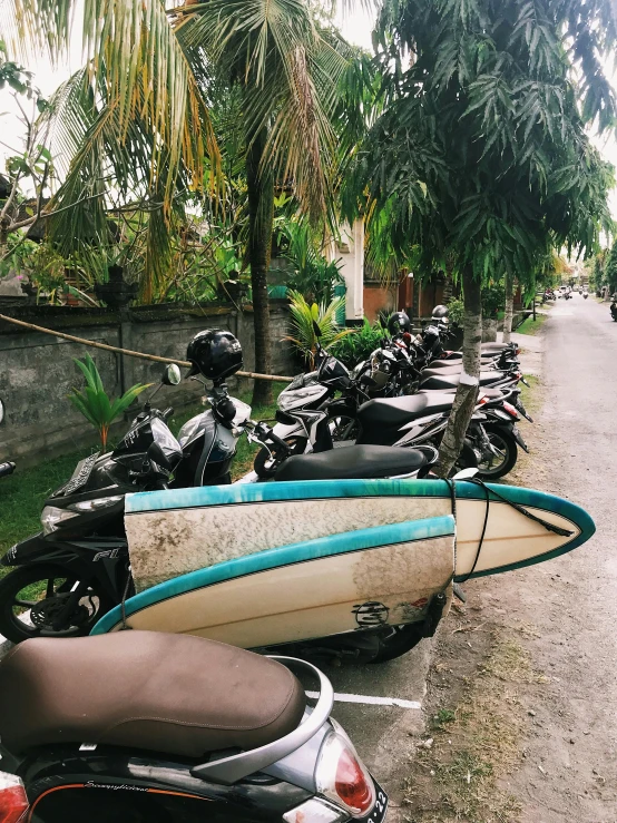 a row of motor scooters parked on the side of a road, by Andrée Ruellan, happening, standing on surfboards, 🚿🗝📝, coconuts, preparing to fight