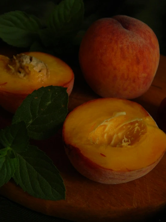 a wooden cutting board topped with sliced peaches, by Jacob de Heusch, unsplash, profile image, mint, super detailed image, soft shade