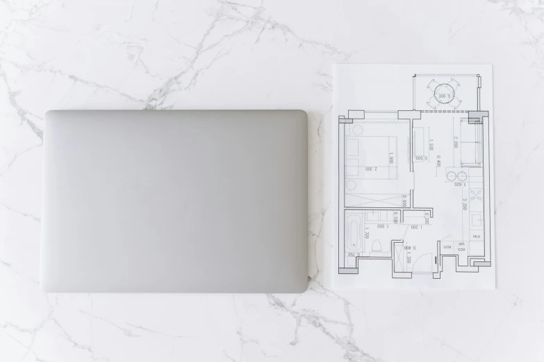 a laptop computer sitting on top of a table, a computer rendering, by Emma Andijewska, floor plan, marble, template layout, notebook