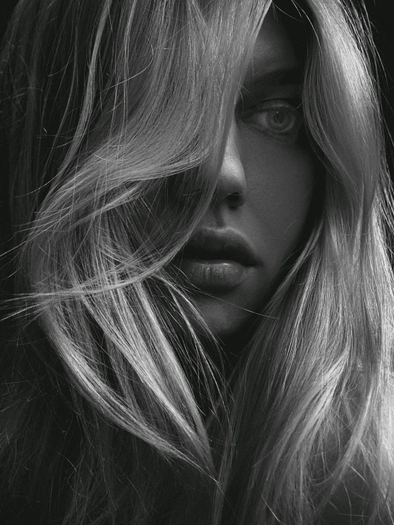 a black and white photo of a woman with long hair, by andrei riabovitchev, trending on cgsociety, close up of a blonde woman, samara weaving, cinematic. by leng jun, extremely detailed face