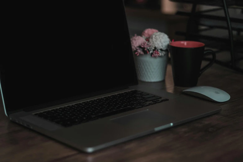 a laptop computer sitting on top of a wooden table, by Romain brook, pexels, aestheticism, late night melancholic photo, blooming, table in front with a cup, low quality photo