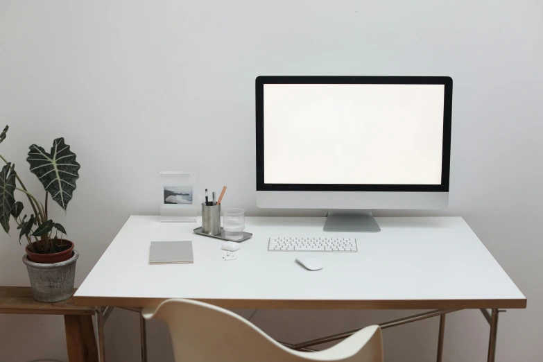 a computer monitor sitting on top of a white desk, pexels, ignant, sterile minimalistic room, 9 9 designs, portrait photo