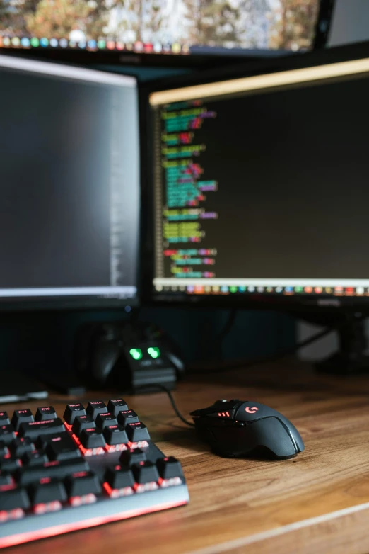 a computer desk with two monitors and a keyboard, by Glennray Tutor, unsplash, steam workshop, scrolling computer mouse, 2 5 6 x 2 5 6 pixels, programmable black goo