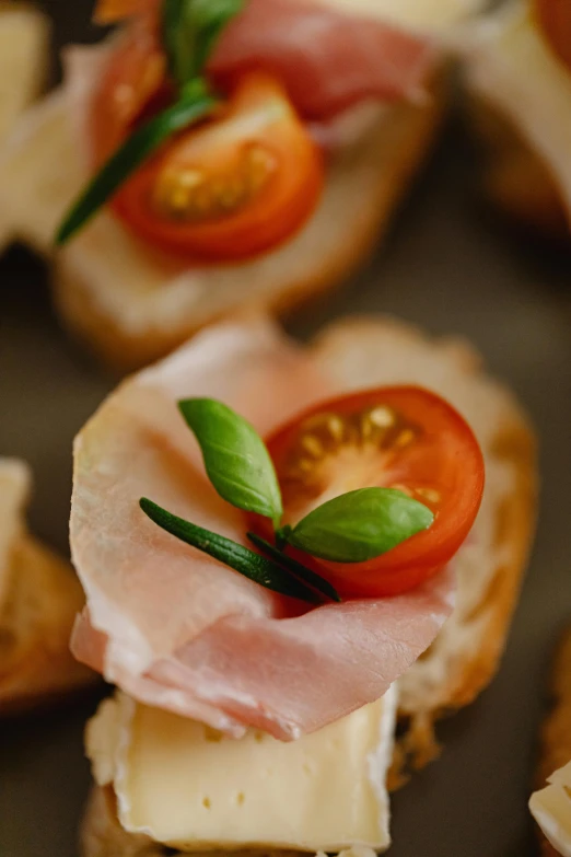 a close up of a plate of food with meat and cheese, decorations, holding a baguette, one tomato slice, petals