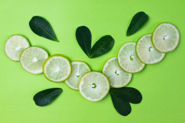 slices of lemon with leaves on a green background, inspired by Grillo Demo, trending on pexels, background image, white neon, moringa juice, thumbnail