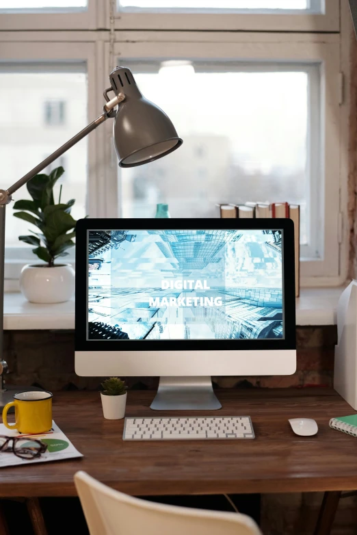 a desktop computer sitting on top of a wooden desk, a digital rendering, pexels contest winner, marketing, brightly lit room, everything fits on the screen, slanted lighting from window