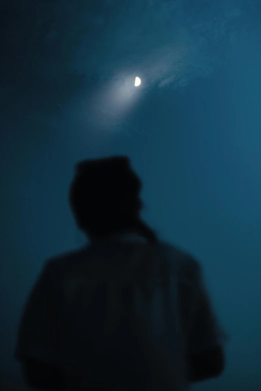 a man standing in front of a full moon, an album cover, inspired by roger deakins, pexels contest winner, conceptual art, (((underwater lights))), movie scene close up, volumetric light and fog, blue: 0.5
