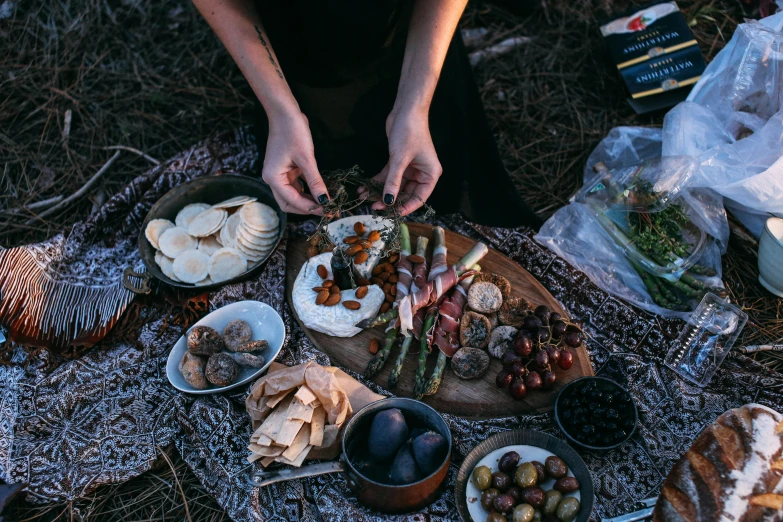 a person standing over a table filled with food, by Jessie Algie, pexels contest winner, forest picnic, “ iron bark, mid night, eating a cheese platter