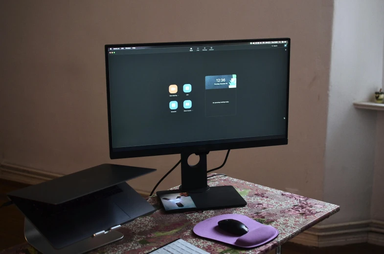 a computer monitor sitting on top of a desk, by Sebastian Vrancx, home setting, black interface, full device, instagram picture