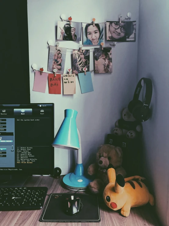 a laptop computer sitting on top of a wooden desk, a polaroid photo, inspired by Elsa Bleda, bt 2 1, ulzzang, cyberpunk teenager bedroom, ((oversaturated))