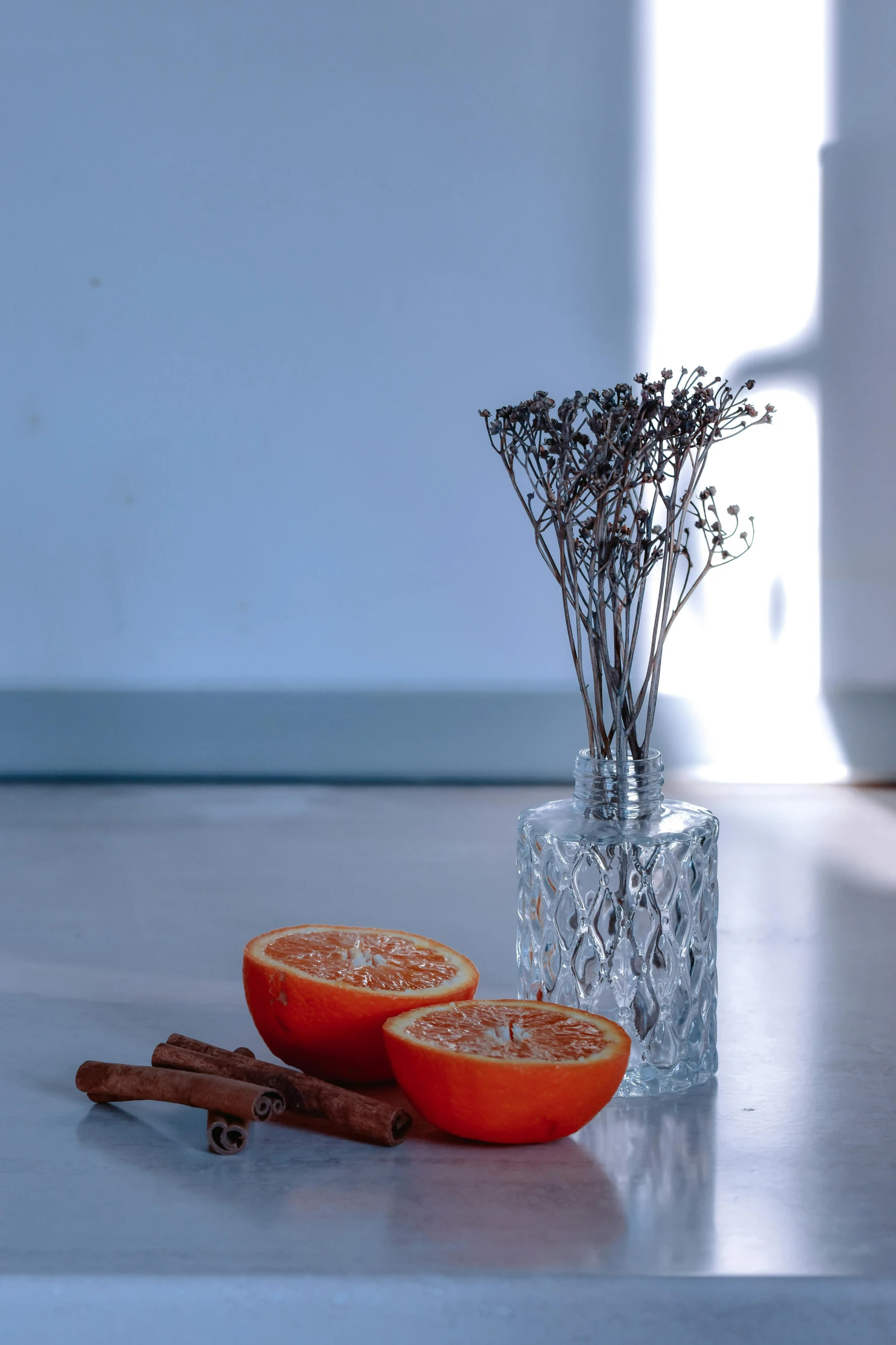 a couple of oranges sitting on top of a table, a still life, unsplash, light and space, dried flowers, glass and lights, soft grey and red natural light, cinnamon