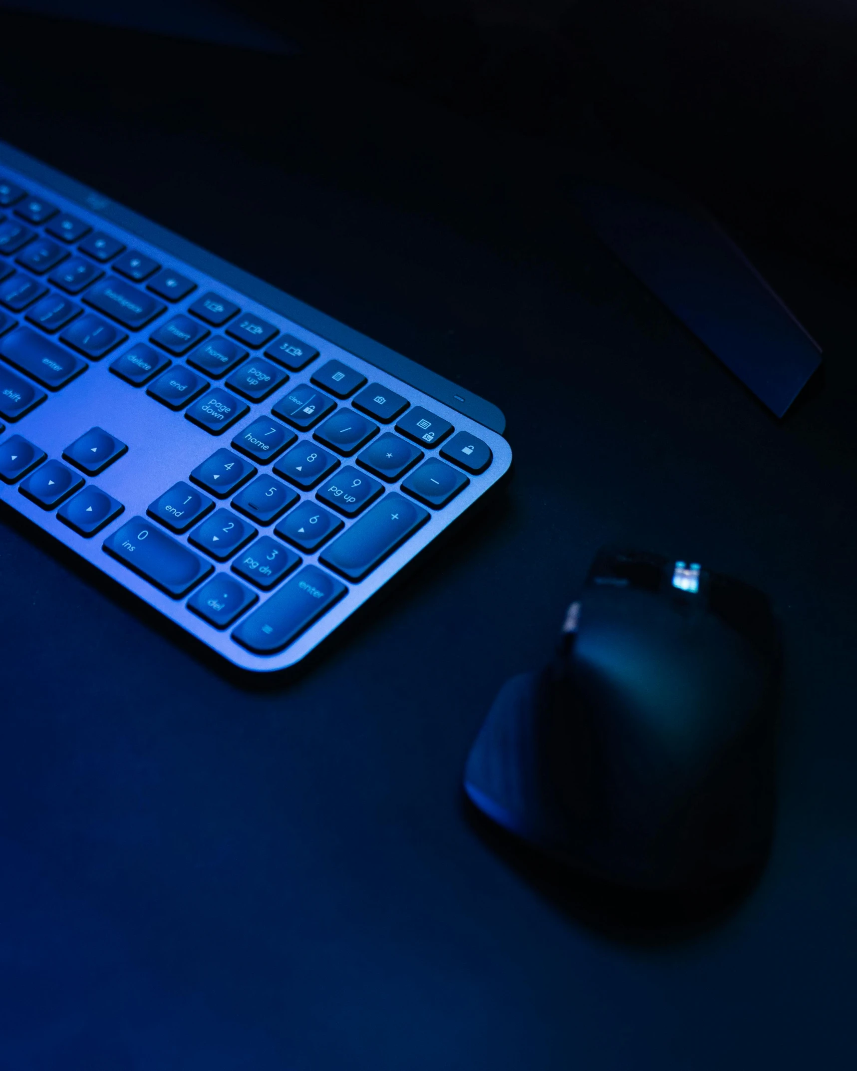 a computer keyboard and mouse on a desk, by Ryan Pancoast, dark blue neon light, thumbnail, low iso, image
