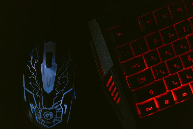 a close up of a computer keyboard and a mouse, pexels, computer art, glowing runes, blue or red, scifi accessories, high quality product image”