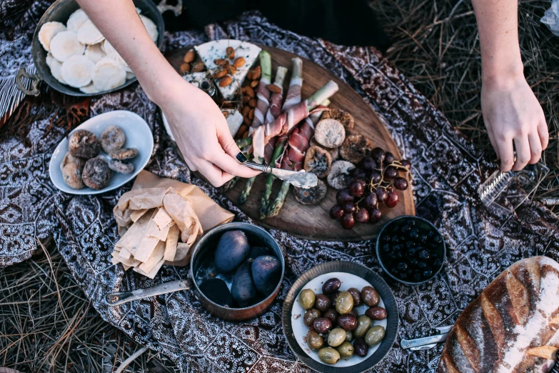 a close up of a plate of food on a table, by Jessie Algie, unsplash, renaissance, people on a picnic, australian, dwell, various posed