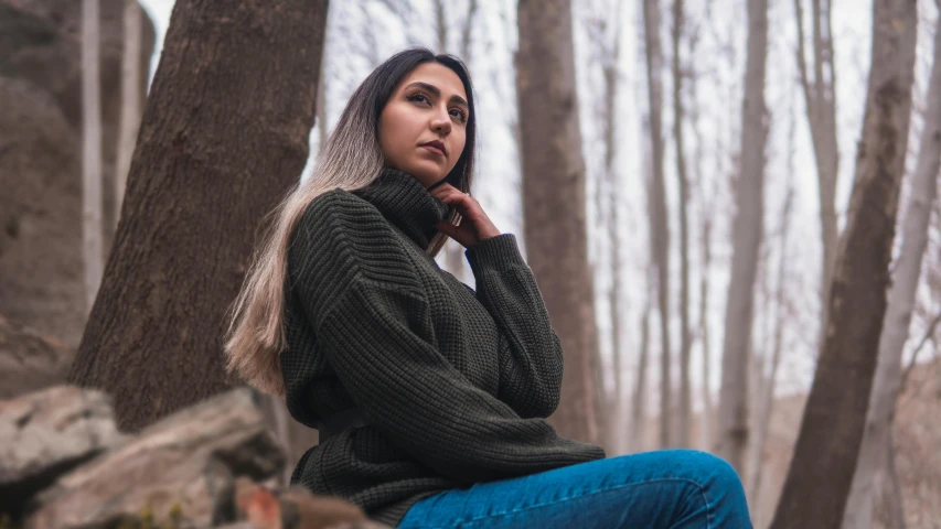 a woman sitting on a rock in the woods, trending on pexels, hurufiyya, wearing turtleneck, wearing casual sweater, beautiful iranian woman, thoughtful )