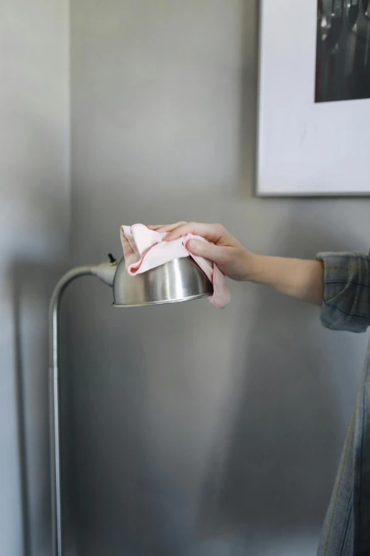 a woman cleaning a lamp with a cloth, by Nina Hamnett, unsplash, made of brushed steel, dwell, standing, wash