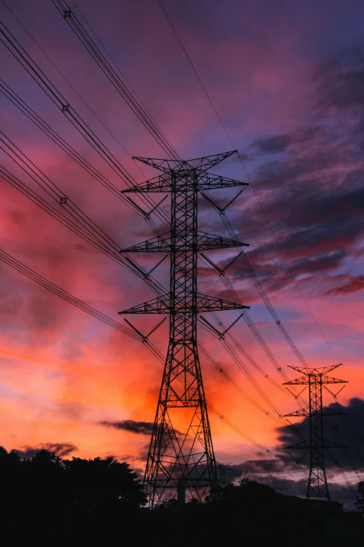 a sunset with power lines in the foreground, pexels contest winner, a brightly colored, stacks, super high energy, uploaded