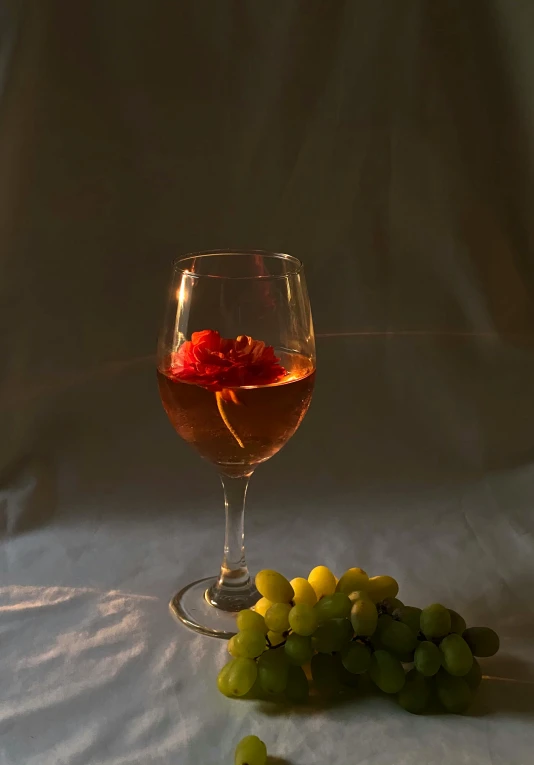 a glass of wine next to a bunch of grapes, by Jan Rustem, soft light - n 9, pink, food photograph, rose twining