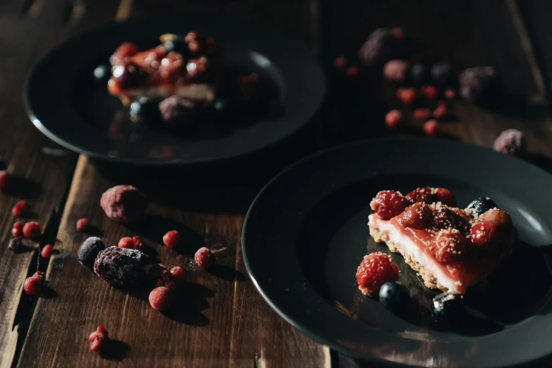 a close up of two plates of food on a table, by Emma Andijewska, pexels contest winner, berries, layer upon layer, high quality product image”, background image