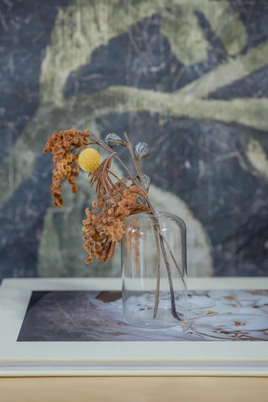 a vase filled with flowers sitting on top of a table, unsplash, hyperrealism, dried fern, autum, transparent