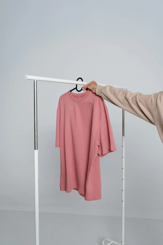 a woman standing in front of a rack holding a pink shirt, by Tobias Stimmer, basic, modest, alessio albi, product view