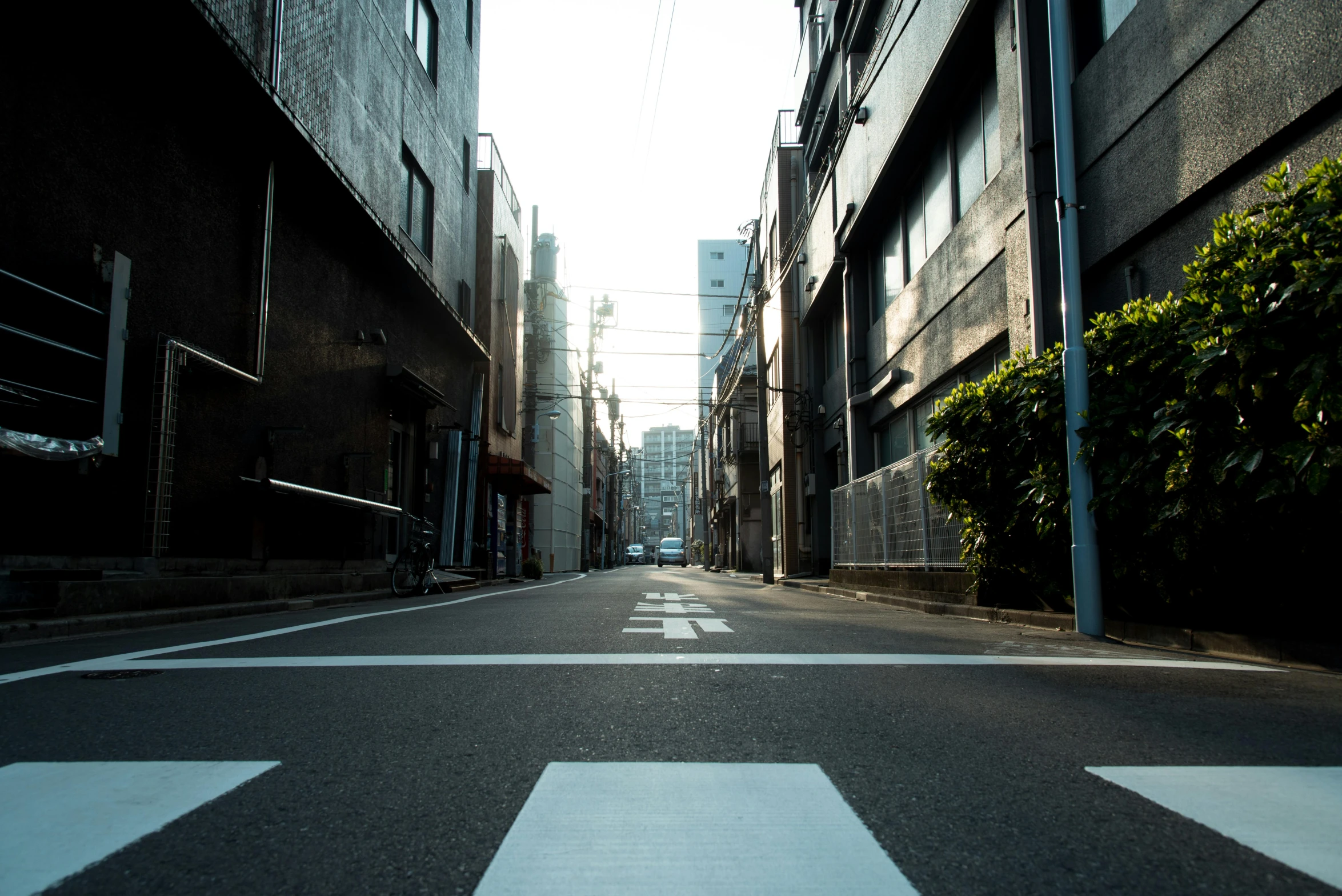 an empty city street lined with tall buildings, a picture, unsplash, shin hanga, shady alleys, mid shot photo, kantoku, multiple stories