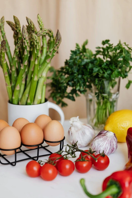 a bunch of vegetables sitting on top of a table, eggs, kitchen counter, detailed product image, healthcare