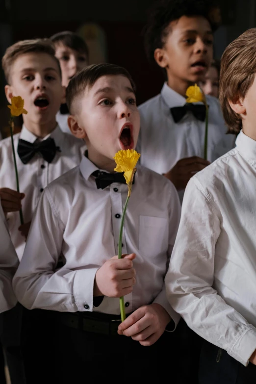 a group of young boys standing next to each other, an album cover, by László Balogh, pexels contest winner, symbolism, flowers on heir cheeks, choir, licking out, maxim shirkov