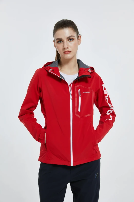 a woman wearing a red jacket and black pants, sleek waterproof design, product introduction photo, krypton ion, 3 colors