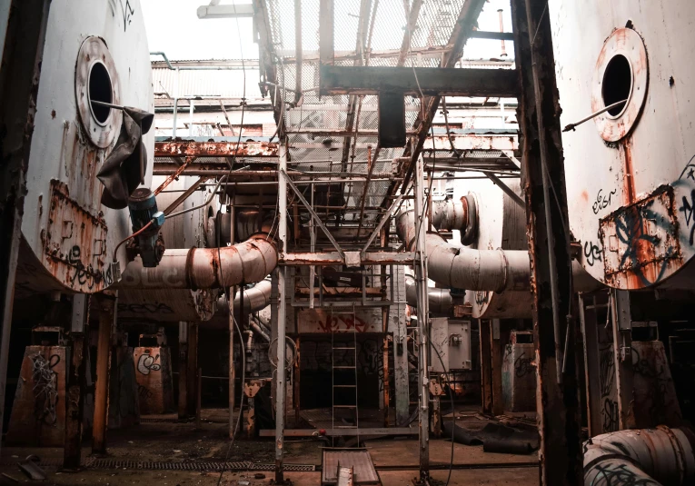 a bunch of pipes that are inside of a building, inspired by Elsa Bleda, pexels contest winner, abandoned steelworks, gopro photo, white machinery, rustic yet enormous scp (secure