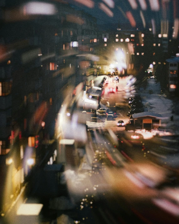 a blurry picture of a city at night, inspired by Thomas Struth, photorealism, julia sarda, medium format color photography, album cover, ilustration