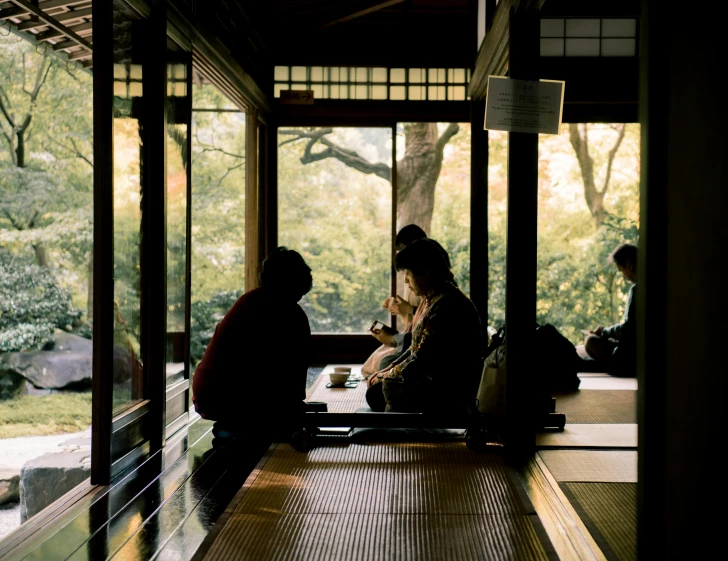 a group of people sitting around a table in a room, unsplash, sōsaku hanga, lush japanese landscape, brown, arasaka, multiple stories