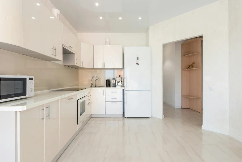 the kitchen is clean and ready for us to use, a picture, by Alexander Fedosav, unsplash, light and space, angular dynamic white rock floor, fan favorite, beige, isolated white background