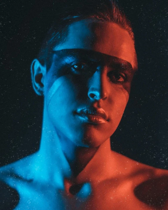 a close up of a person with no shirt on, an album cover, by Cosmo Alexander, antipodeans, an epic non - binary model, glowing face, trending photo, manuel sanjulianblue