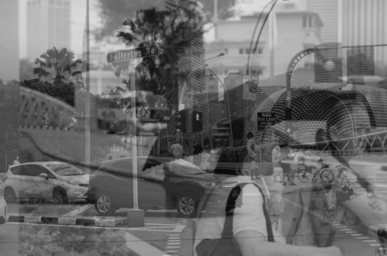 a black and white photo of a person riding a bike, a black and white photo, inspired by Vivian Maier, realism, double exposures on 35mm film!, singapore ( 2 0 1 8 ), viewed through the cars window, hollywood scene