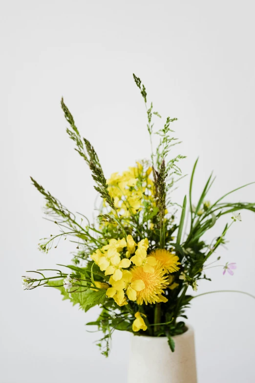 a white vase filled with yellow and green flowers, inspired by François Boquet, unsplash, clear detailed view, tall thin, dandelion, mix